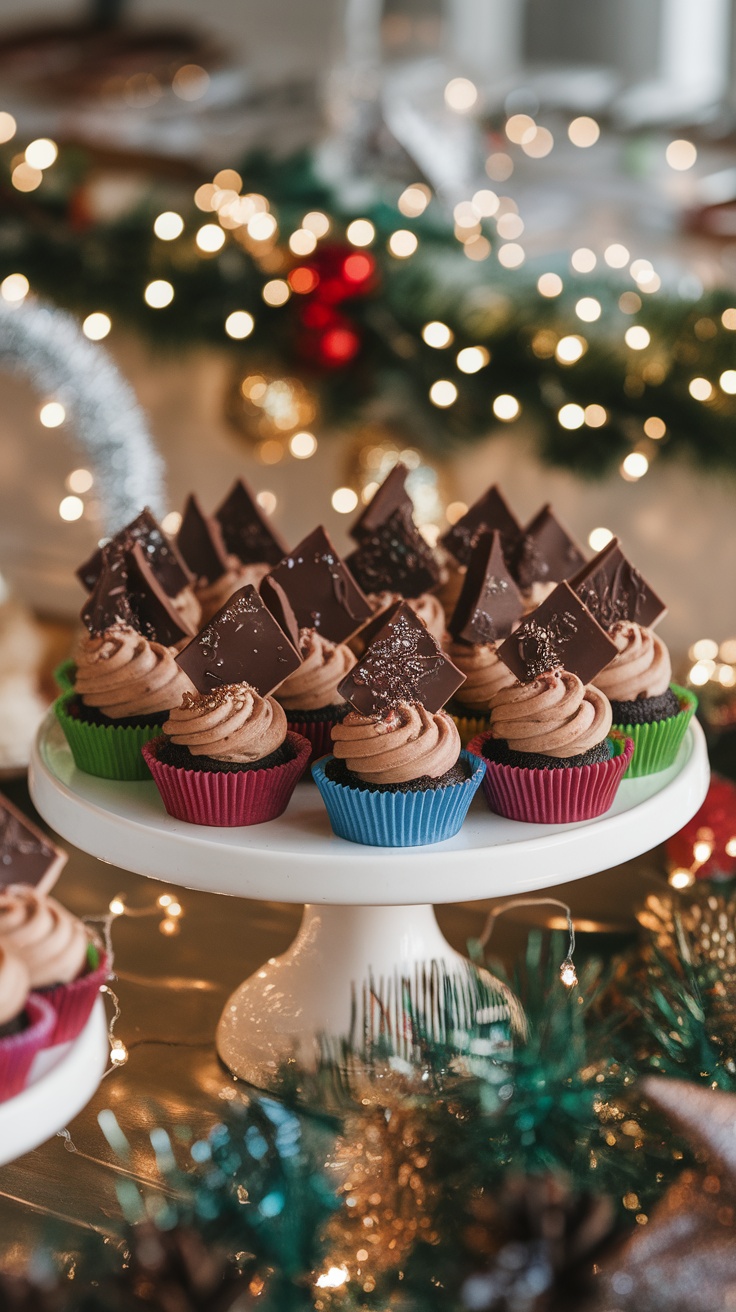 Mini chocolate desserts in colorful liners topped with chocolate shavings on a festive table.